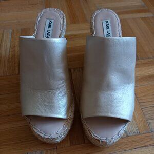 Karl Lagerfeld gold leather wedge mules espadrilles, size 6M